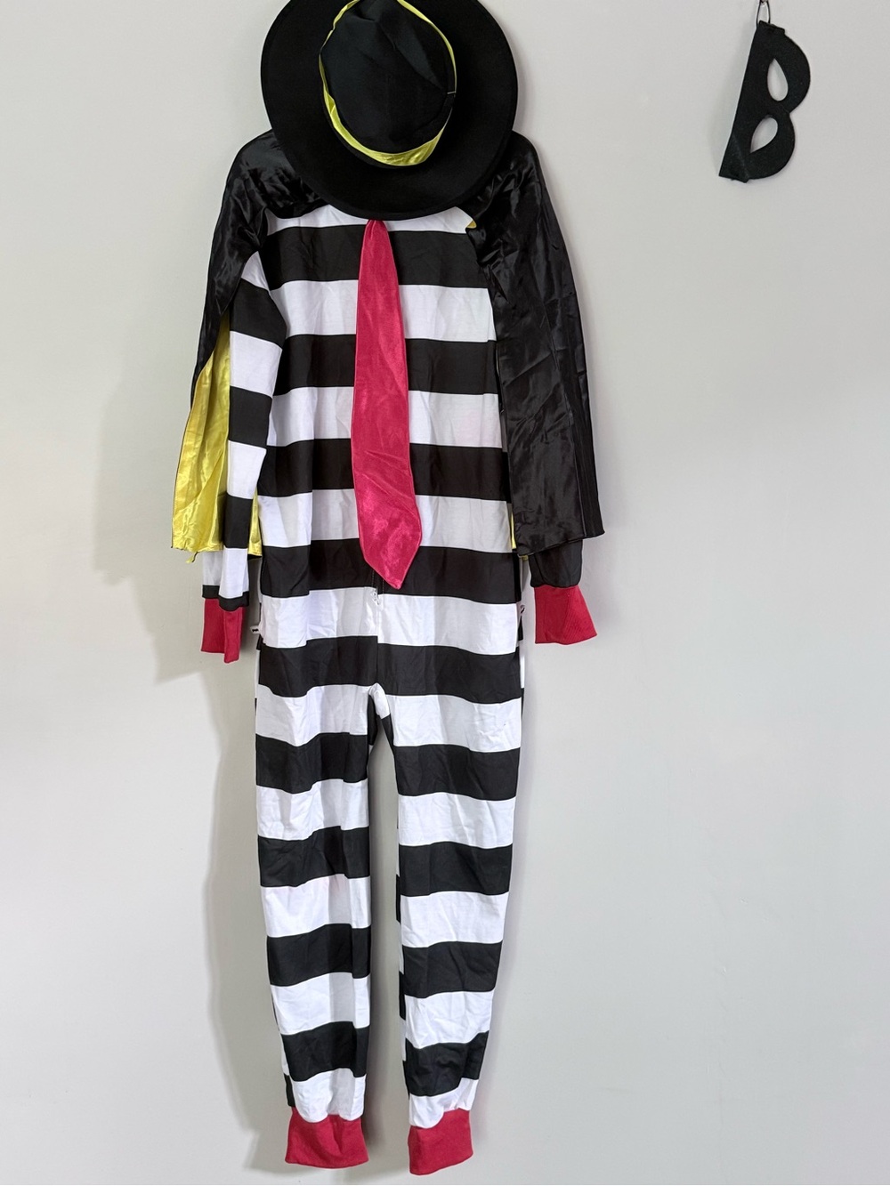 Tipsy Elves Black & White Striped Jumpsuit with Red Tie and Yellow Cape Unisex - Picture 4 of 6